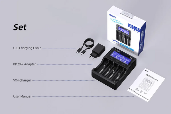 Xtar VX4 SET-charger, 1*C-C USB Cable, 1*PD20W adaptor - KNIFESTOCK