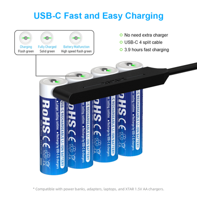 Xtar AA 1.5V USB-C LR 3000mAh-4pcs AA 1.5V USB-C 3000mAh batteries - KNIFESTOCK
