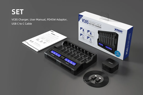 Xtar VC8S SET-charger, 1*A-C USB Cable, US/JP/UK/EU/AU PD45 wall adaptor - KNIFESTOCK