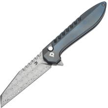 Kansept Kosame Damascus Blue Anodized Titanium with Shred Carbon FIber Inlay - KNIFESTOCK