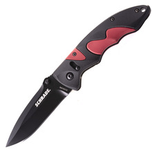 Schrade Zwart AUS-8 Lemmet, Zwart Aluminium Handvat met Rode Inzetstukken, Duimstuds, Sure-Lock - KNIFESTOCK