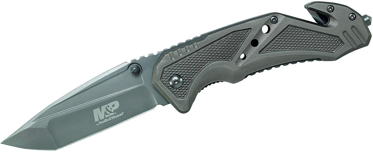 Smith and Wesson M&P Clip Folder, Liner Lock, Grey Blade and Grey Handle, Strap Cutter, Ceramic Glas
