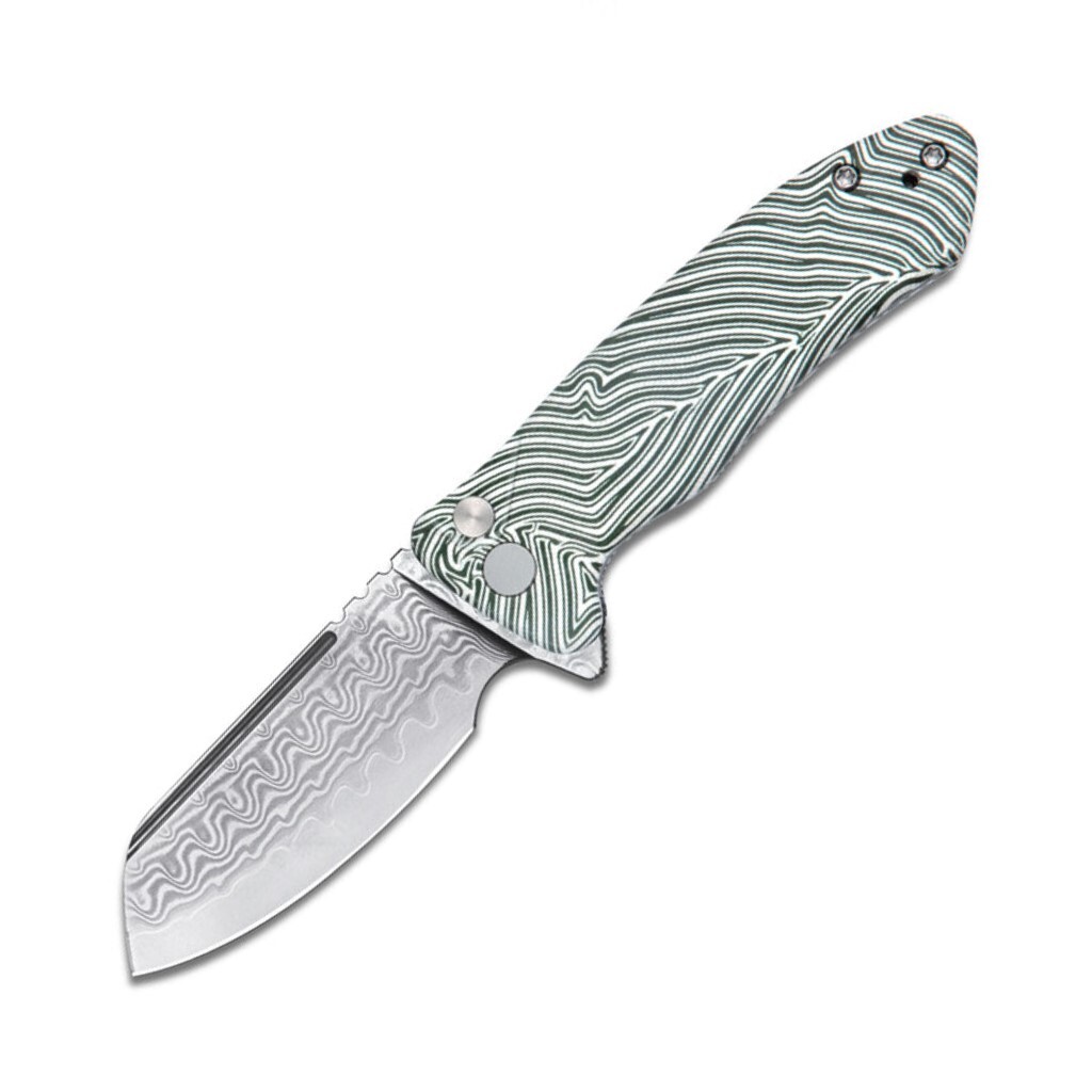 KUBEY Creon Pocket Knife with Button Lock, White/Green G10 Handle KU336A