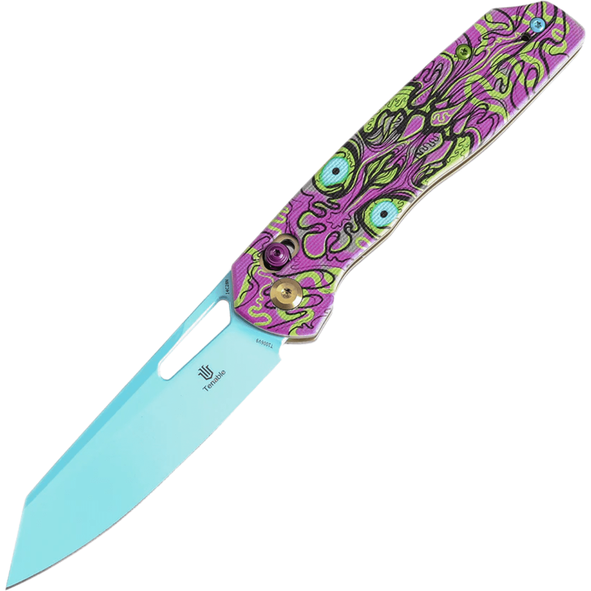 TENABLE KNIVES Shard Blue Coated 14C28N 0.14" / 3.5mm Jade G10 with Purple Undead T1006V9