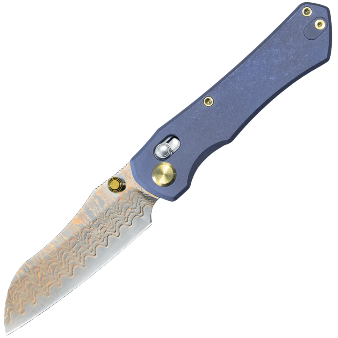 GEO Knife Komodo Damascus Steel&Copper Blade, Blue Ti Handle GEO2509B