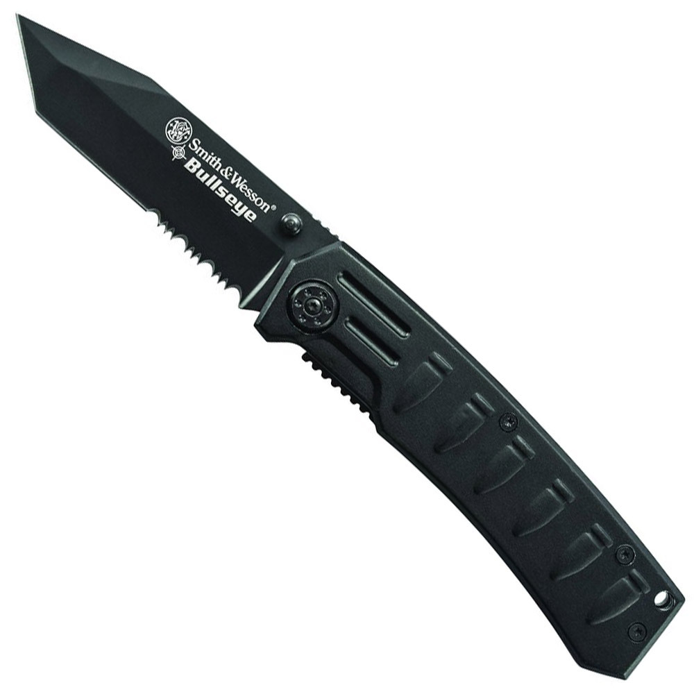 Smith and Wesson Bullseye Linerlock Black Coated w/40% Serrated Stainless Steel Tanto Blade w/Thumb