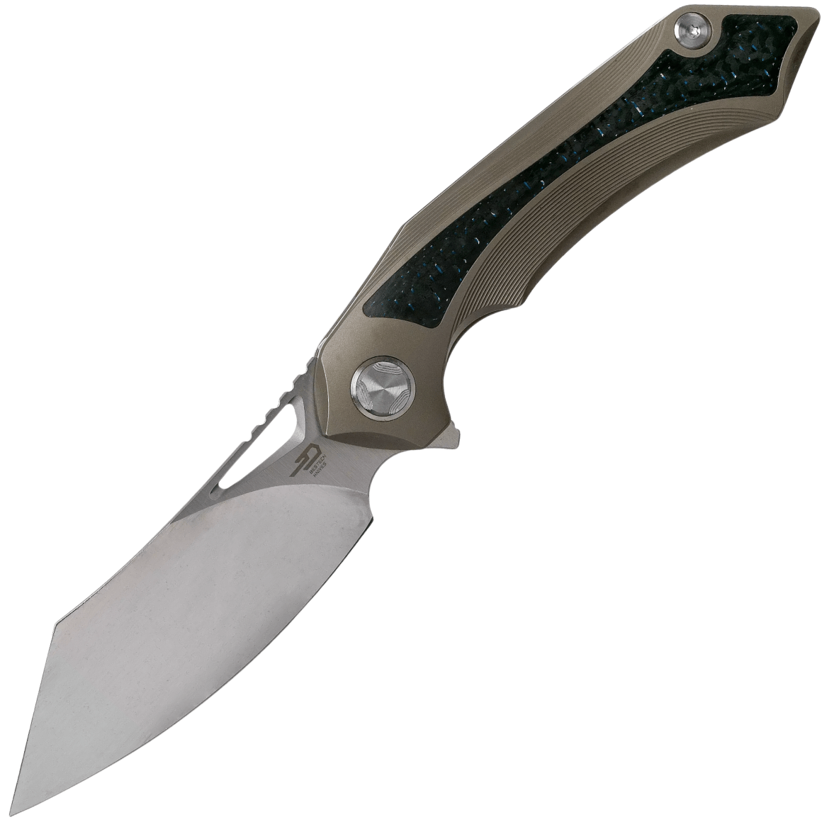 Bestech KASTA M390, Polished stonewash+Flat satin, Titanium and Blue carbon fiber, Bronze BT1909H