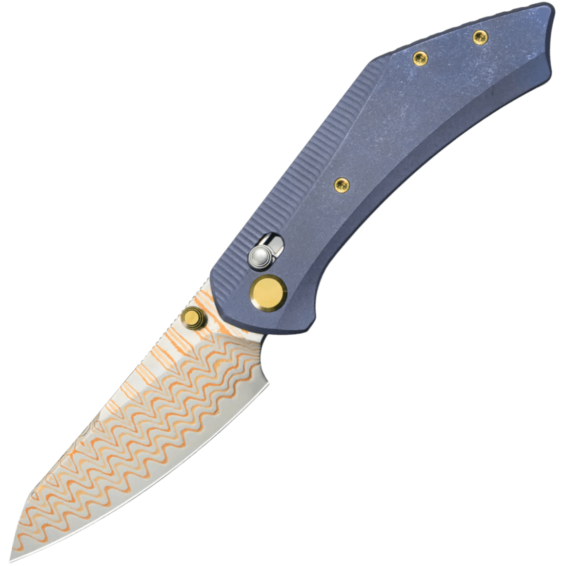GEO Knife DIVID Damascus Steel&Copper Blade, Blue Ti Handle GEO2507B