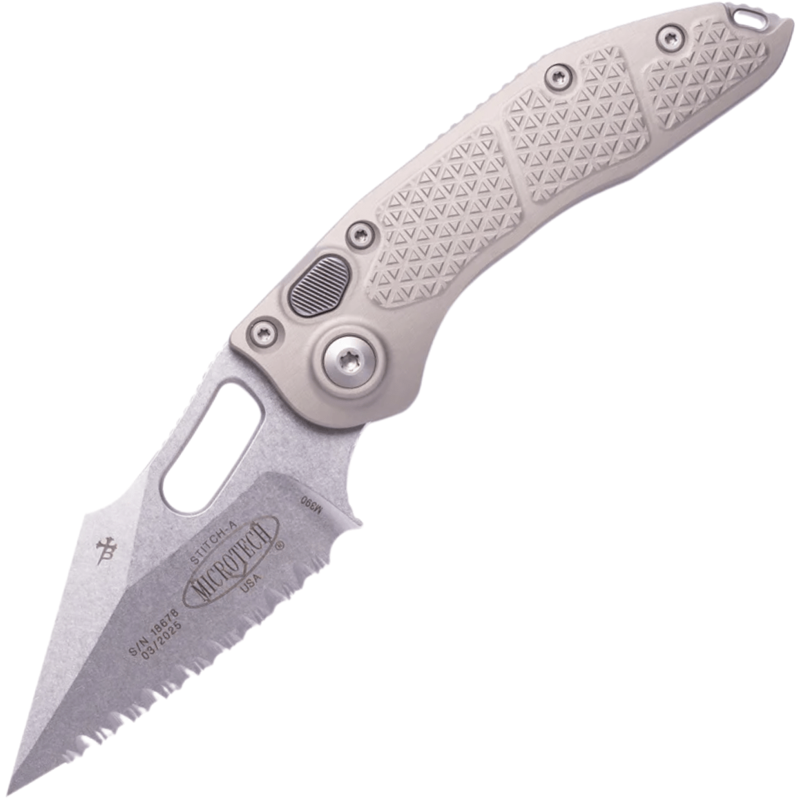 Microtech STITCH AUTO S/E STONEWASH FULL SERRATE NATURAL CLEAR 169-12NC