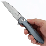 Kansept Kosame Damascus Blue Anodized Titanium with Shred Carbon FIber Inlay - KNIFESTOCK