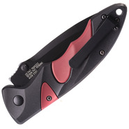 Schrade Zwart AUS-8 Lemmet, Zwart Aluminium Handvat met Rode Inzetstukken, Duimstuds, Sure-Lock - KNIFESTOCK