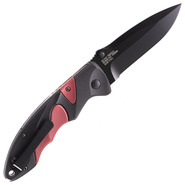 Schrade Zwart AUS-8 Lemmet, Zwart Aluminium Handvat met Rode Inzetstukken, Duimstuds, Sure-Lock - KNIFESTOCK
