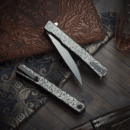Ocaso Solstice Engraved Titanium + Satin / Scroll Pattern 10ESS - KNIFESTOCK