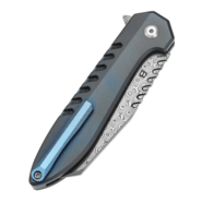 Kansept Kosame Damascus Blue Anodized Titanium with Shred Carbon FIber Inlay - KNIFESTOCK