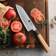 XINZUO PM8O 7.5 inch santoku knife Olive Wood+Black Buffalo Horn 67 Layers Damascus - KNIFESTOCK