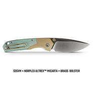 Vosteed Psyop 303 S35VN Satin, Teal Norplex UltreX™ Micarta &amp; Réz Bolster A2221 - KNIFESTOCK