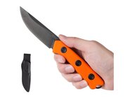 ANV Knives ANVP200-019 P200 N690 DLC Satin Balck Plain Edgge Orange Grip  Leather Sheath - KNIFESTOCK