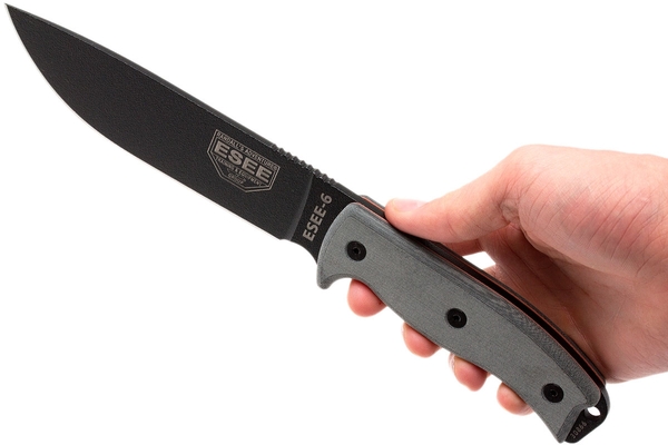 ESEE Knives Model 6 black blade, grey handle 6P-B with black sheath + belt clip - KNIFESTOCK