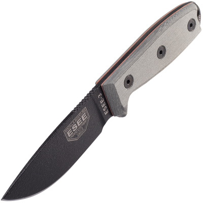 ESEE Knives Model 3 musta terä, harmaa kahva tupella + klipsi - KNIFESTOCK