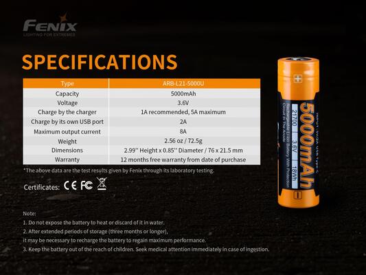 Fenix 21700 5000 mAh USB-C - KNIFESTOCK