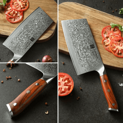 XINZUO B13R 7 hüvelykes kínai bárd természetes rózsafával, hármas szegecsekkel, 67 rétegű damaszkusz - KNIFESTOCK