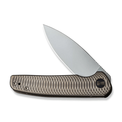 We Knife Shakan Golden Satin Polished Patterned Titanium Presentation Handle With Bronze Titanium Lo - KNIFESTOCK