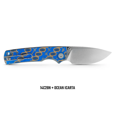 Vosteed Porcupine(Thumb Stud) 14C28N Satin Blue Ocean Micarta A2614 - KNIFESTOCK
