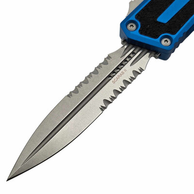 Microtech SCARAB II GEN III D/E STONEWASH PART SERRATE BLUE 1280-11BL - KNIFESTOCK