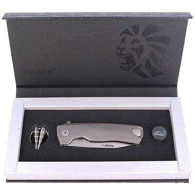 Lionsteel Solid Titanium knife, RotoBlock. M390, GREY with  FLIPPER ROK G - KNIFESTOCK