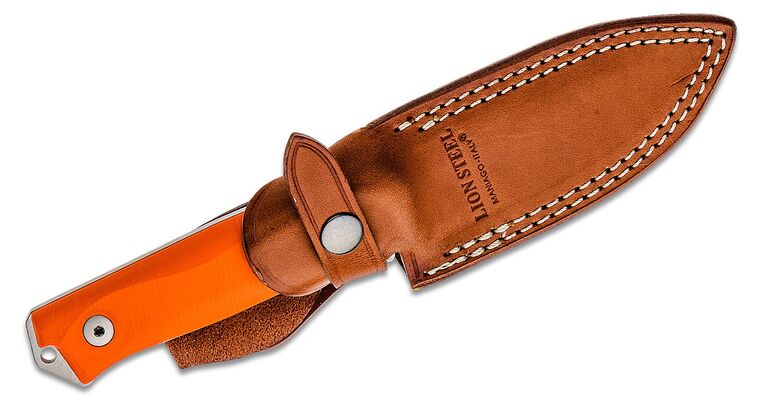 Lionsteel Fixed Blade Sleipner Steel stone washed, ORANGE G10 handle, leather sheath B41 GOR - KNIFESTOCK