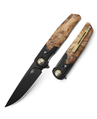 Bestech ASCOT 14C28N, Black titanized , Interlayer with Carbon Fiber and G10+  lightburl wood BG19E - KNIFESTOCK