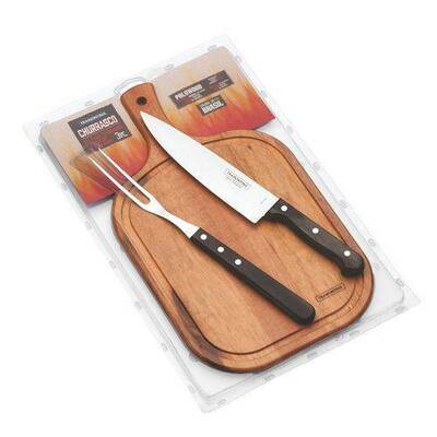 Tramontina Polywood 3-Piece BBQ Set - Knife 20cm, Fork 32cm, Cutting Board 40x23cm  21198/914 - KNIFESTOCK