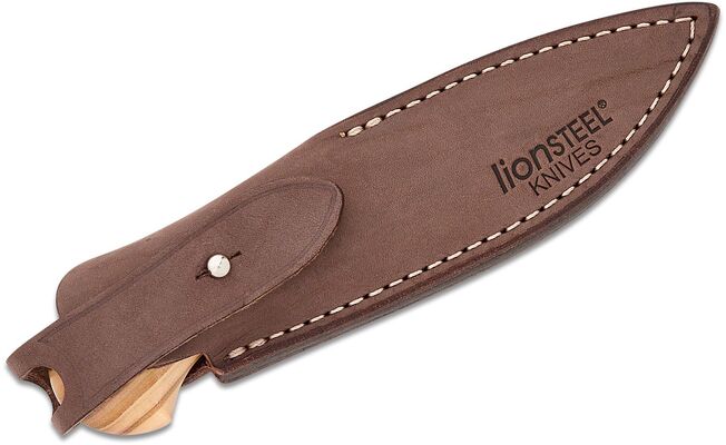 Lionsteel Fixed knife m390 blade OLIVE wood andle, Ti guard, leather sheath WL1  UL - KNIFESTOCK