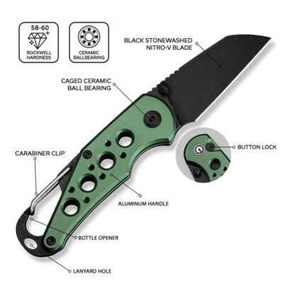 CIVIVI Green Aluminum HandleWith S/S Carabiner And Bottle OpenerBlack Stonewas - KNIFESTOCK