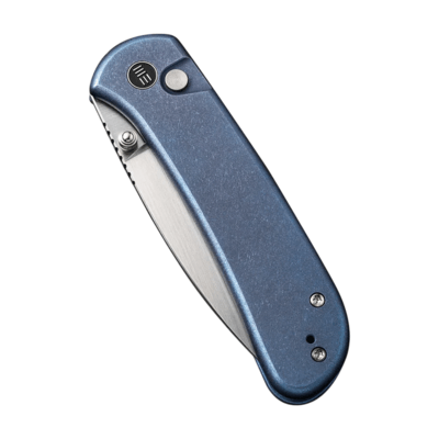 We Knife QubitBlue Titanium HandleHand Rubbed Satin CPM 20CV BladeButton Lock - KNIFESTOCK