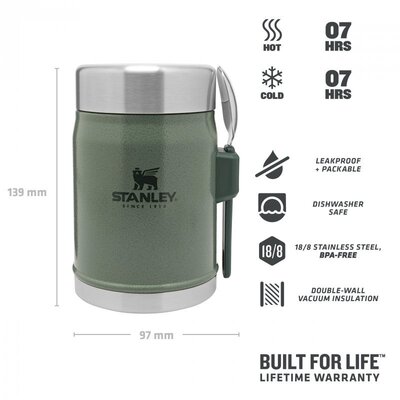 STANLEY seria CLASSIC Borcan Alimentar Cu Furculiță - Hammertone Verde 0,4L - KNIFESTOCK