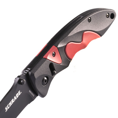 Schrade Zwart AUS-8 Lemmet, Zwart Aluminium Handvat met Rode Inzetstukken, Duimstuds, Sure-Lock - KNIFESTOCK