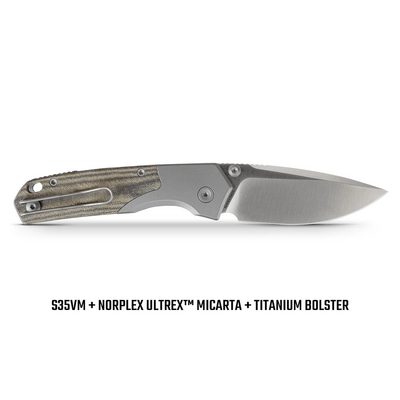 Vosteed Psyop 300 S35VN Satin, Zöld Norplex UltreX™ Micarta &amp; Titán Bolster A - KNIFESTOCK