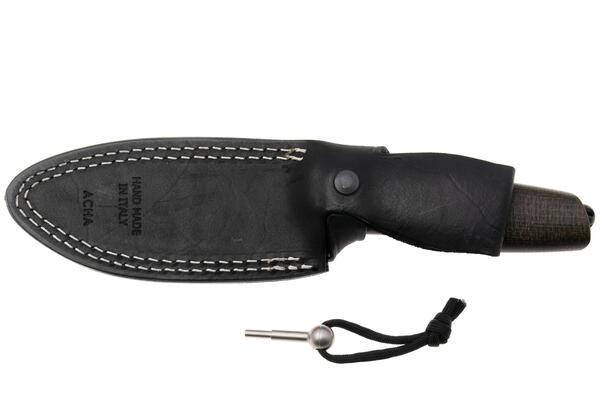 Lion Steel Feststehendes Messer M390 SCHWARZE Klinge, GRÜNES Burlap, Ti-Parierstange, Lederscheide - KNIFESTOCK