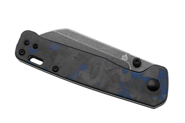 QPS Penguin V2 D2, schwarzer Stonewash, Griff: Blaues zerkleinertes CF-Overlay G10 QS130V2 - KNIFESTOCK
