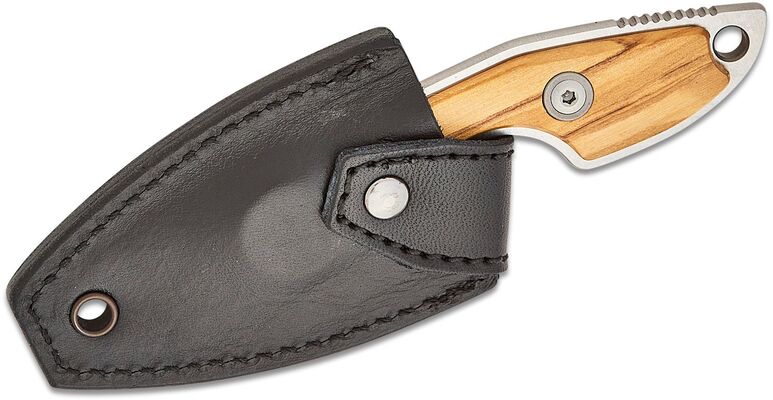 MKM MIKRO 1 – M390 SATIN DROP POINT Fixed bld, OLIVE WOOD hdl, +POCKET LEATHER SHEATH MK MR01-O - KNIFESTOCK