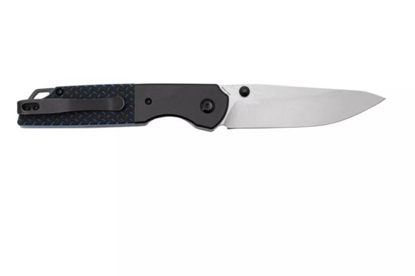 Kansept Warrior Stonewashed Drop Point D2 Blade Black Anodized Aluminum Bolster + Black and Blue G10 - KNIFESTOCK