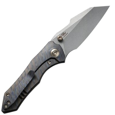 WE High-Fin Tiger Stripe Pattern Flamed Titanium Handle Gray Stonewashed CPM 20CV Blade WE22005-4 - KNIFESTOCK