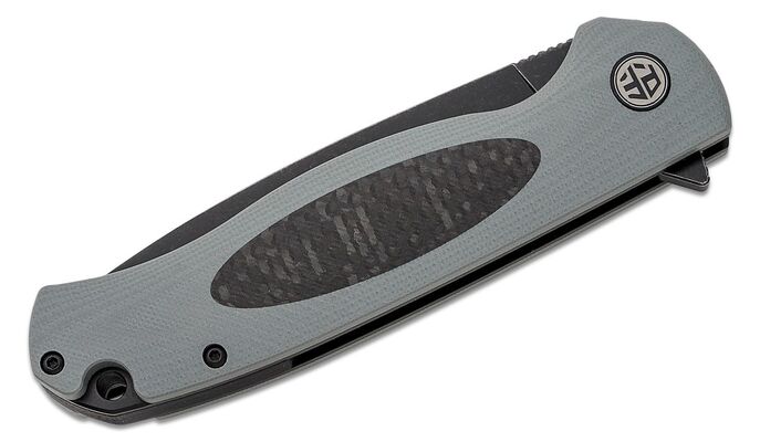 Petrified Fish PFB03 Stamp Black Stonewashed D2 Carbon Fiber With Gray G10 PFB03GADW - KNIFESTOCK