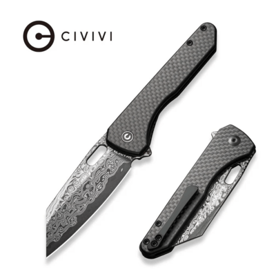 CIVIVI Nugz Twill Carbon Fiber Overlay On Black G10 HandleDamascus BladeLiner - KNIFESTOCK