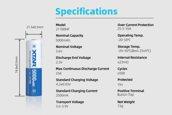 Xtar 21700HP 5000mAh-XTAR 5000mAh protected rechargeable battery - KNIFESTOCK
