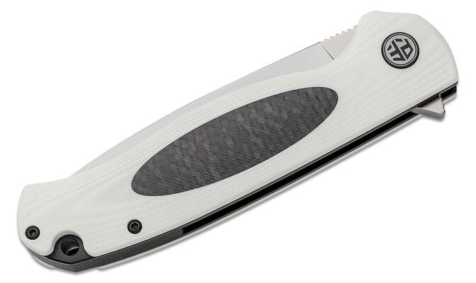 Petrified Fish PFB03 Stamp Satin D2 Carbon Fiber With White G10 PFB03WS - KNIFESTOCK