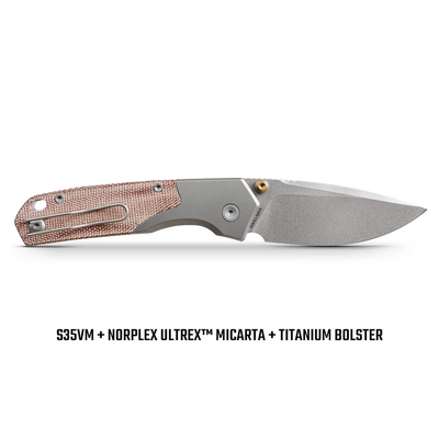 Vosteed Psyop 299 S35VN Stonewash, Piros Norplex UltreX™ Micarta &amp; Titán Bolster - KNIFESTOCK