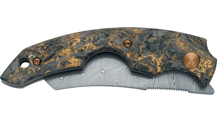 Fox Virtus Folding Pocket Knife Steel Damasteel Super Dense Twist Blade, Dark Matter Gold Handle - KNIFESTOCK