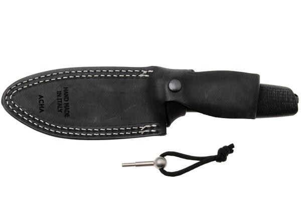 Lion Steel Feststehendes Messer M390 SCHWARZE Klinge, SCHWARZES Burlap, Ti-Parierstange, Lederscheid - KNIFESTOCK